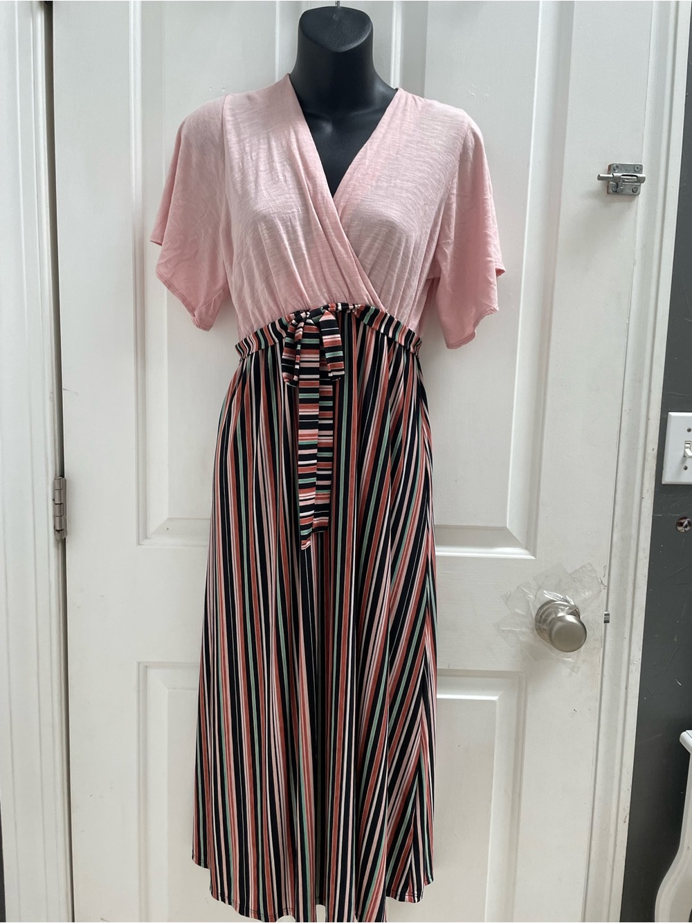 Chris & Carol Pink Wrap Top Striped Midi Dress with Tie Belt